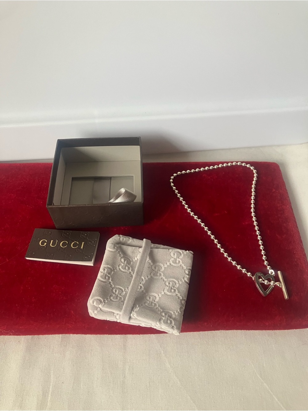 GUCCI Sterling SIlver 925 Ball Chain Heart Toggle Approx 15” Necklace In Box